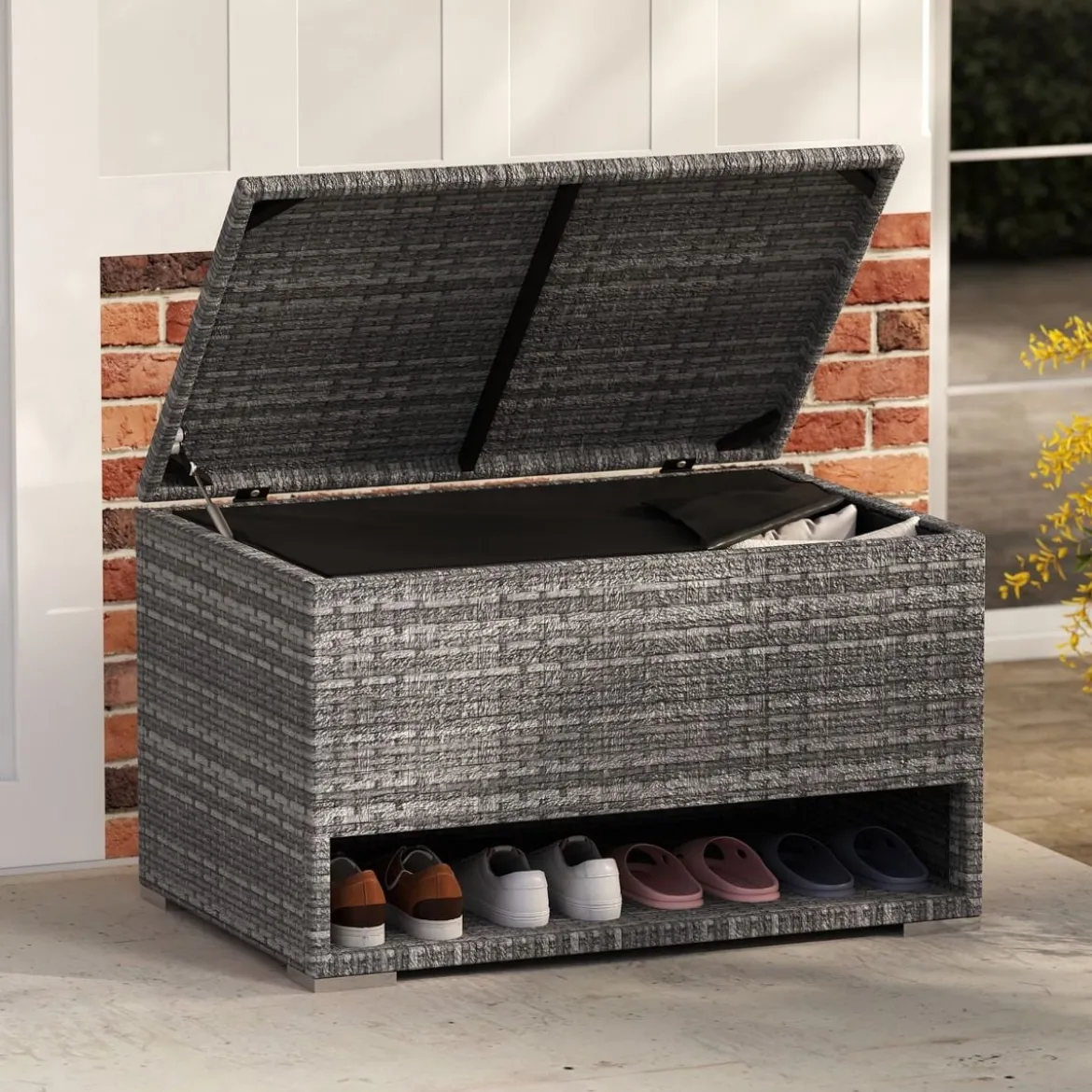 Gartenbox mit Schuhregal Polyrattan Auflagenbox Wetterfest mit Schutzliner & Deckel 186L 95 x 60 x 58 cm Grau