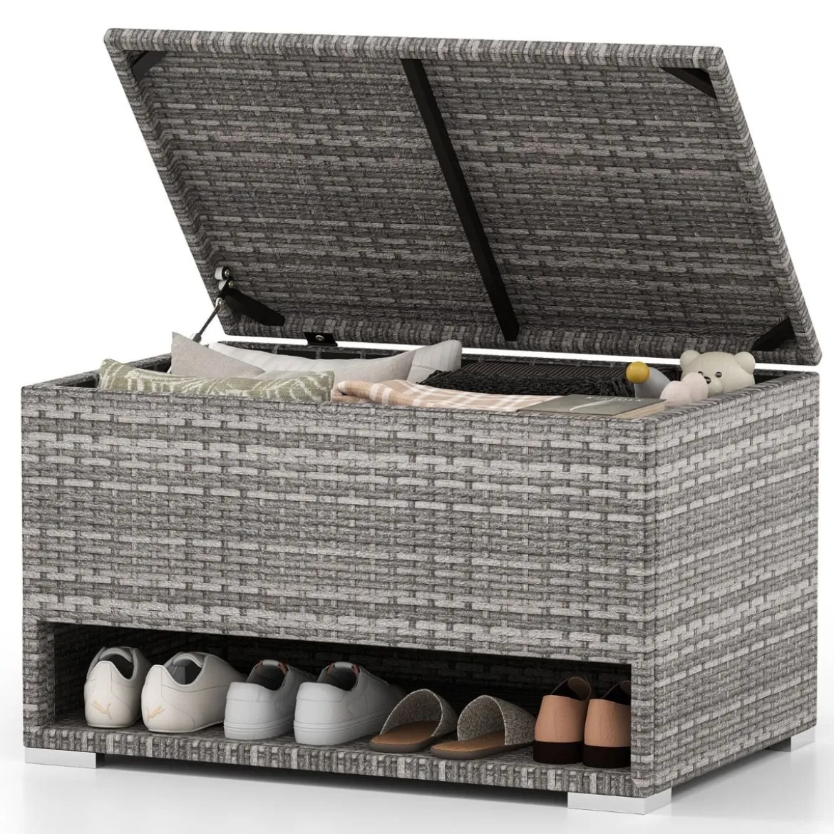 Gartenbox mit Schuhregal Polyrattan Auflagenbox Wetterfest mit Schutzliner & Deckel 186L 95 x 60 x 58 cm Grau