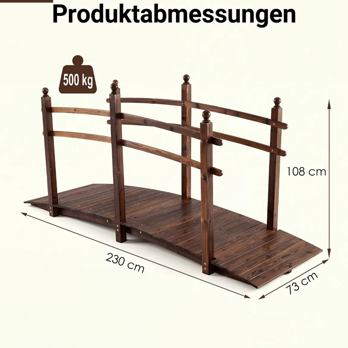 Gartenbrücke aus Tannenholz Bogenbrücke mit Geländer Wetterfest 500kg Tragkraft 230 x 73 x 108 cm