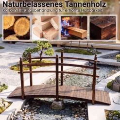 Gartenbrücke aus Tannenholz Bogenbrücke mit Geländer Wetterfest 500kg Tragkraft 230 x 73 x 108 cm