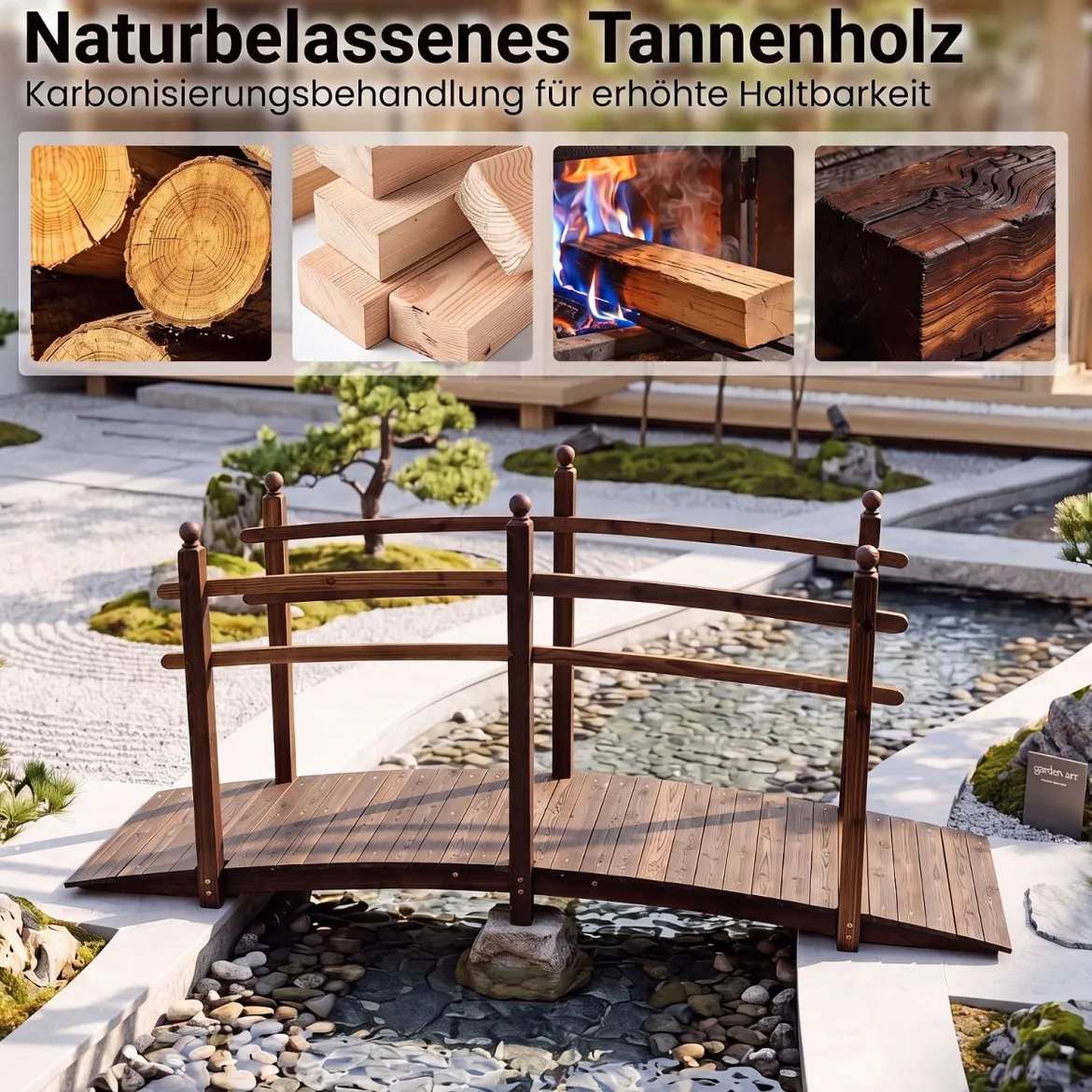 Gartenbrücke aus Tannenholz Bogenbrücke mit Geländer Wetterfest 500kg Tragkraft 230 x 73 x 108 cm