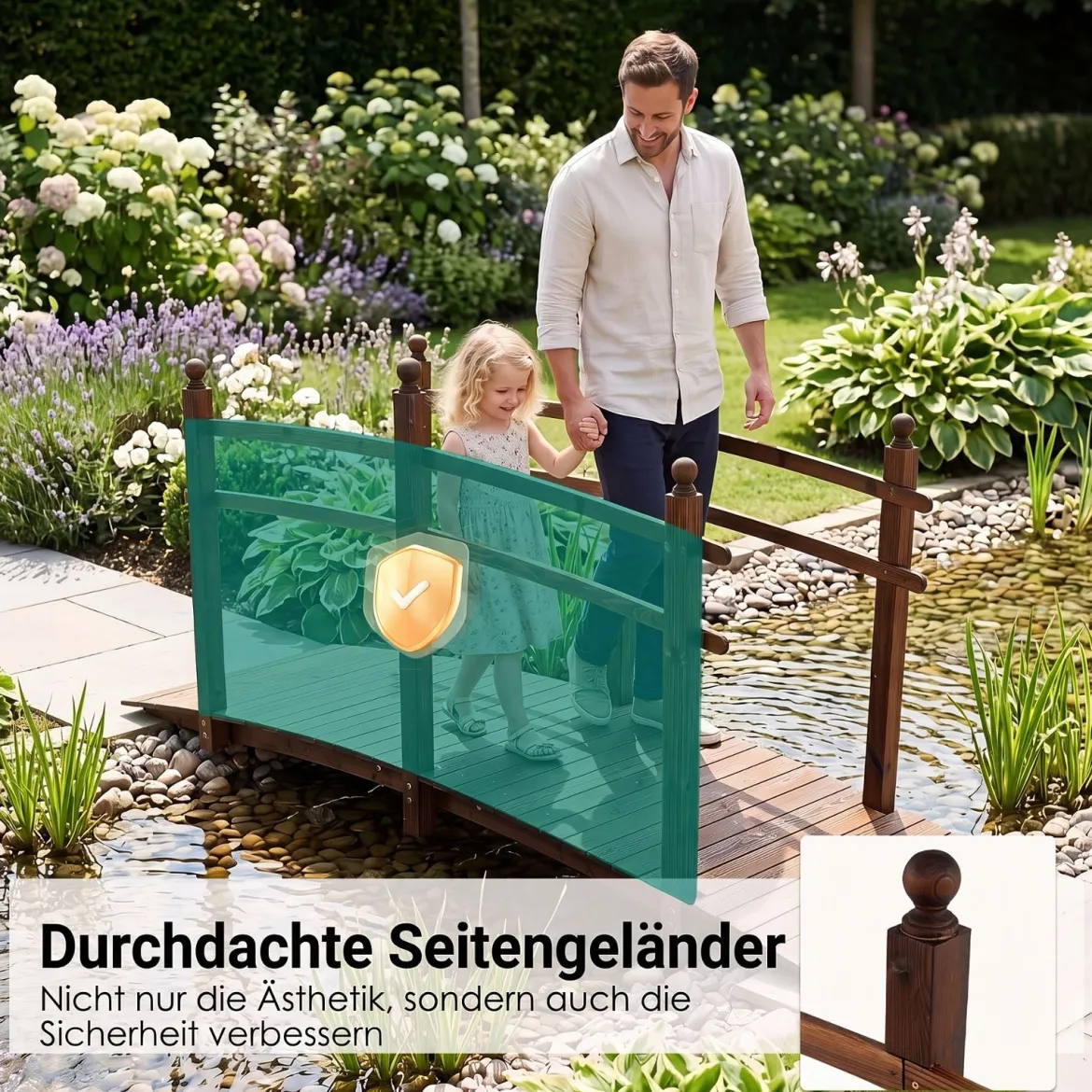 Gartenbrücke aus Tannenholz Bogenbrücke mit Geländer Wetterfest 500kg Tragkraft 230 x 73 x 108 cm