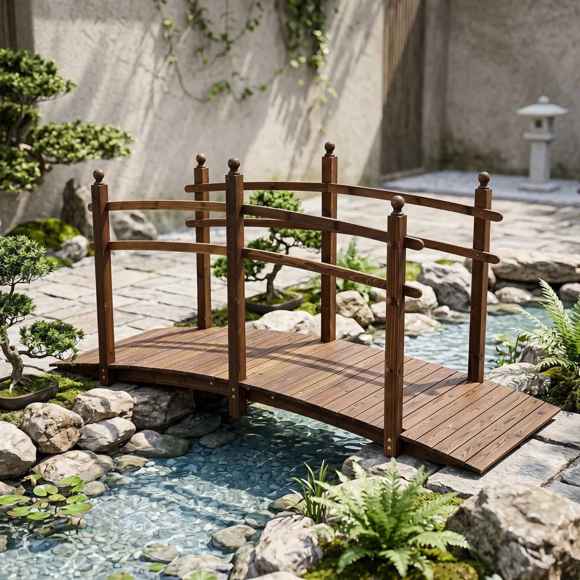 Gartenbrücke aus Tannenholz Bogenbrücke mit Geländer Wetterfest 500kg Tragkraft 230 x 73 x 108 cm