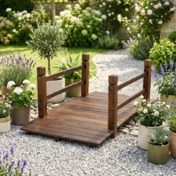 Gartenbrücke aus Tannenholz Bogenbrücke mit Geländer Wetterfest 500kg Tragkraft 125 x 68 x 47 cm