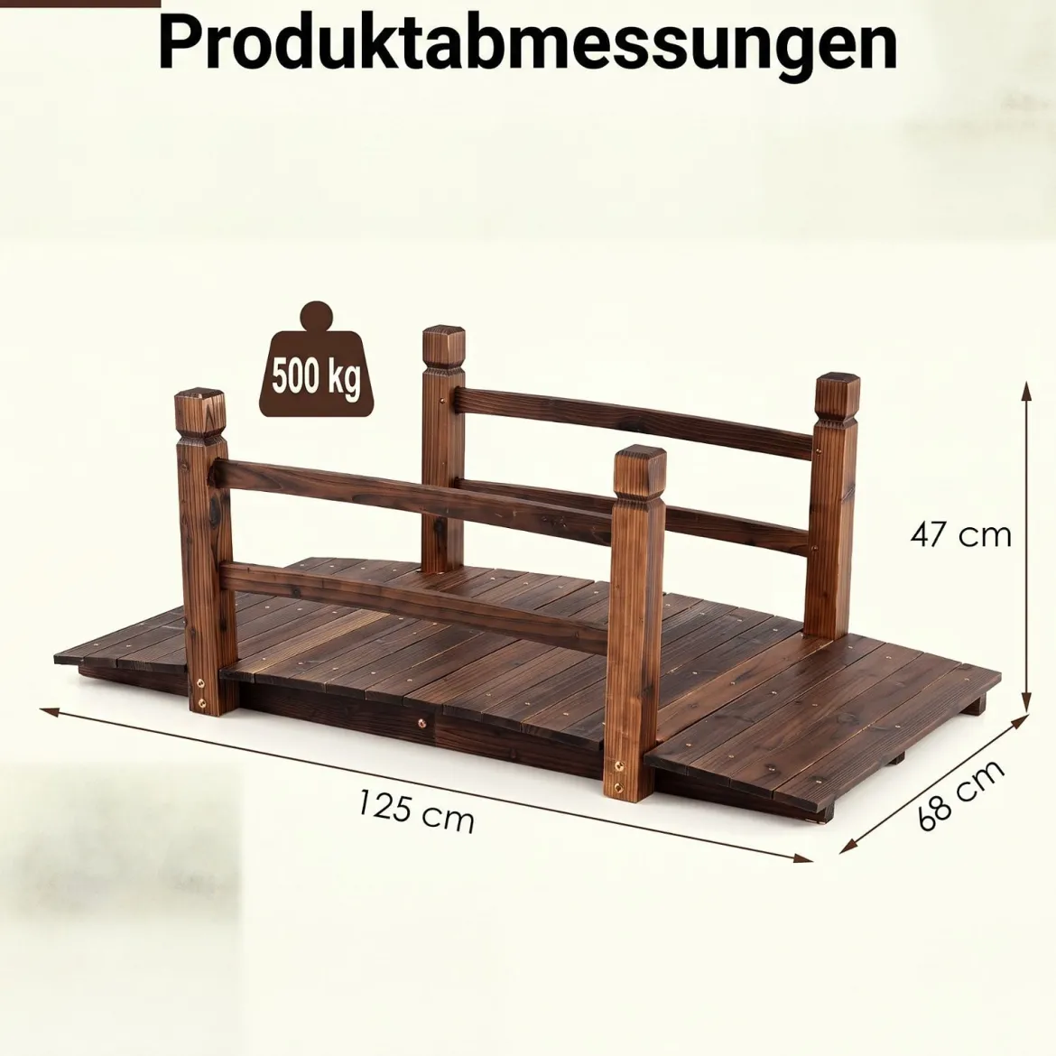 Gartenbrücke aus Tannenholz Bogenbrücke mit Geländer Wetterfest 500kg Tragkraft 125 x 68 x 47 cm