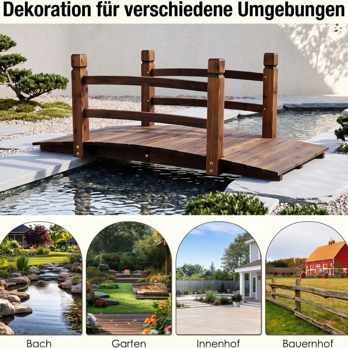 Gartenbrücke aus Tannenholz Bogenbrücke mit Geländer Wetterfest 500kg Tragkraft 125 x 68 x 47 cm