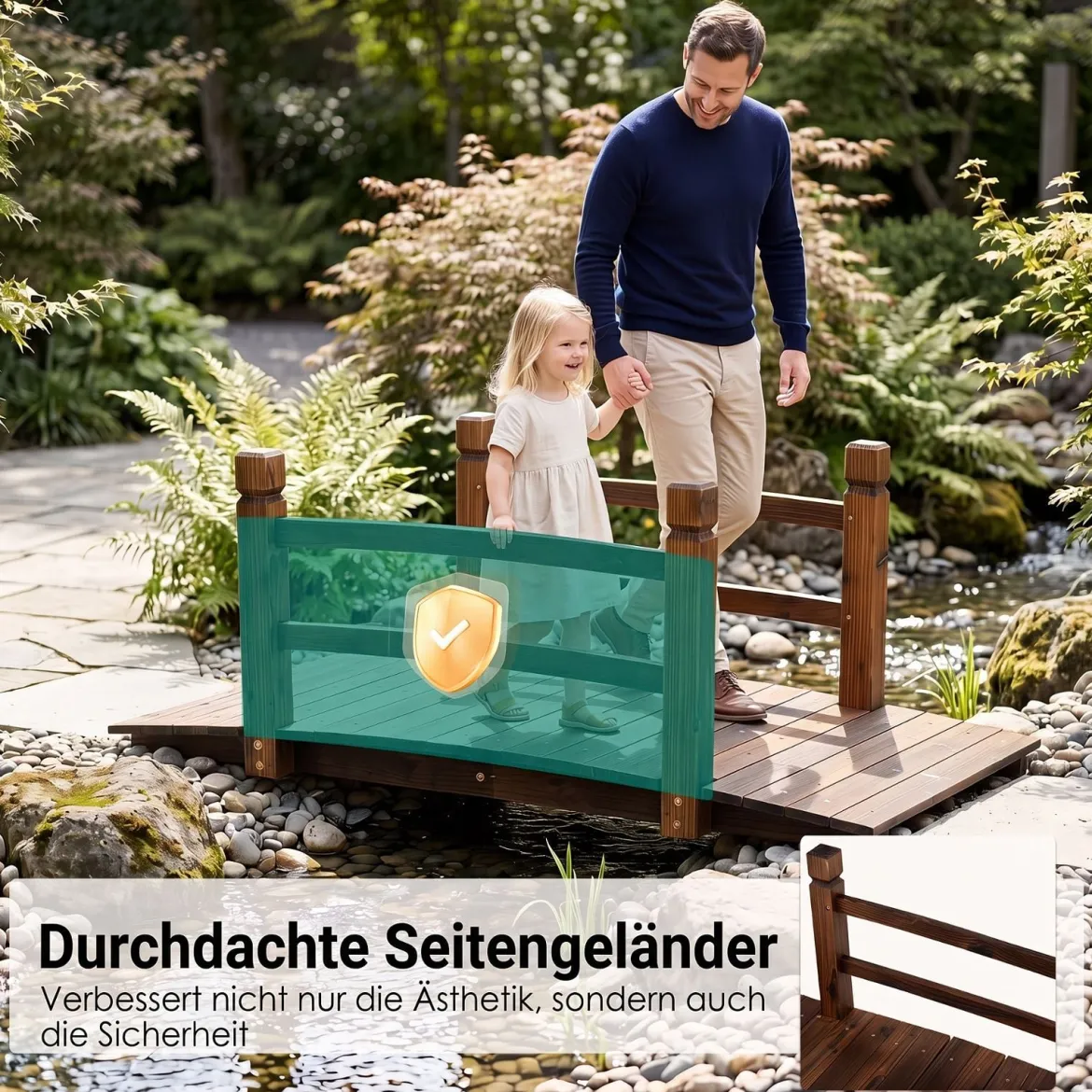 Gartenbrücke aus Tannenholz Bogenbrücke mit Geländer Wetterfest 500kg Tragkraft 125 x 68 x 47 cm