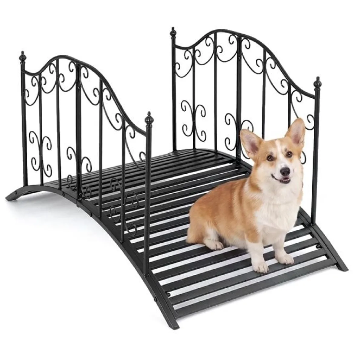 Gartenbrücke 118 cm Brücke aus Metall bis 150 kg Belastbar Teichbrücke mit Sicherheitsgeländern Schwarz