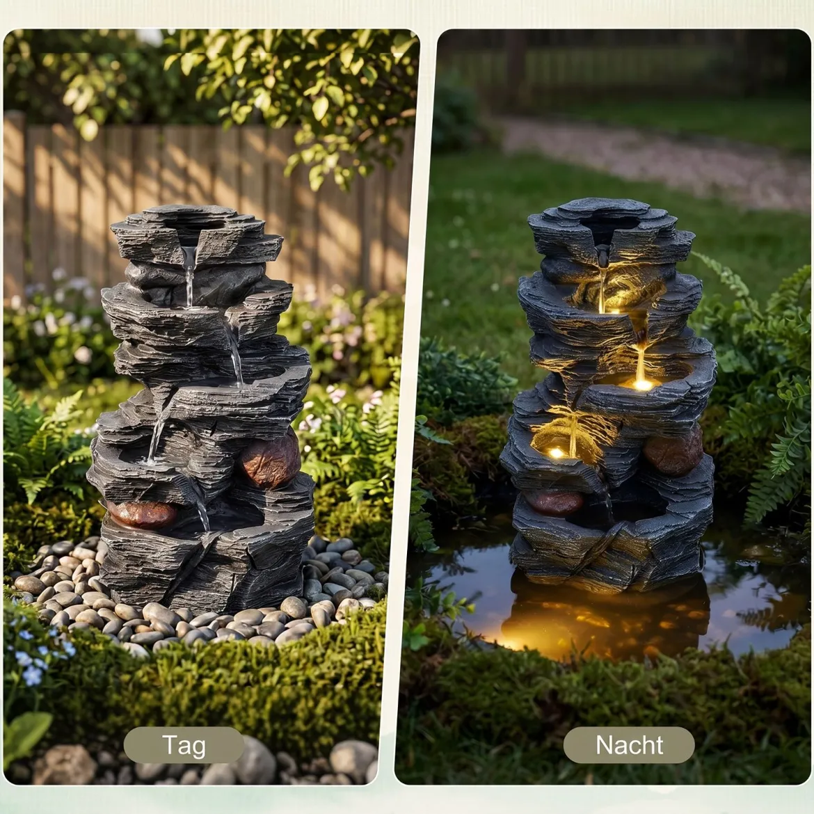 Gartenbrunnen mit LED-Beleuchtung 5-stufiger Springbrunnen aus Kunstharz 27 x 20,5 x 45,5 cm
