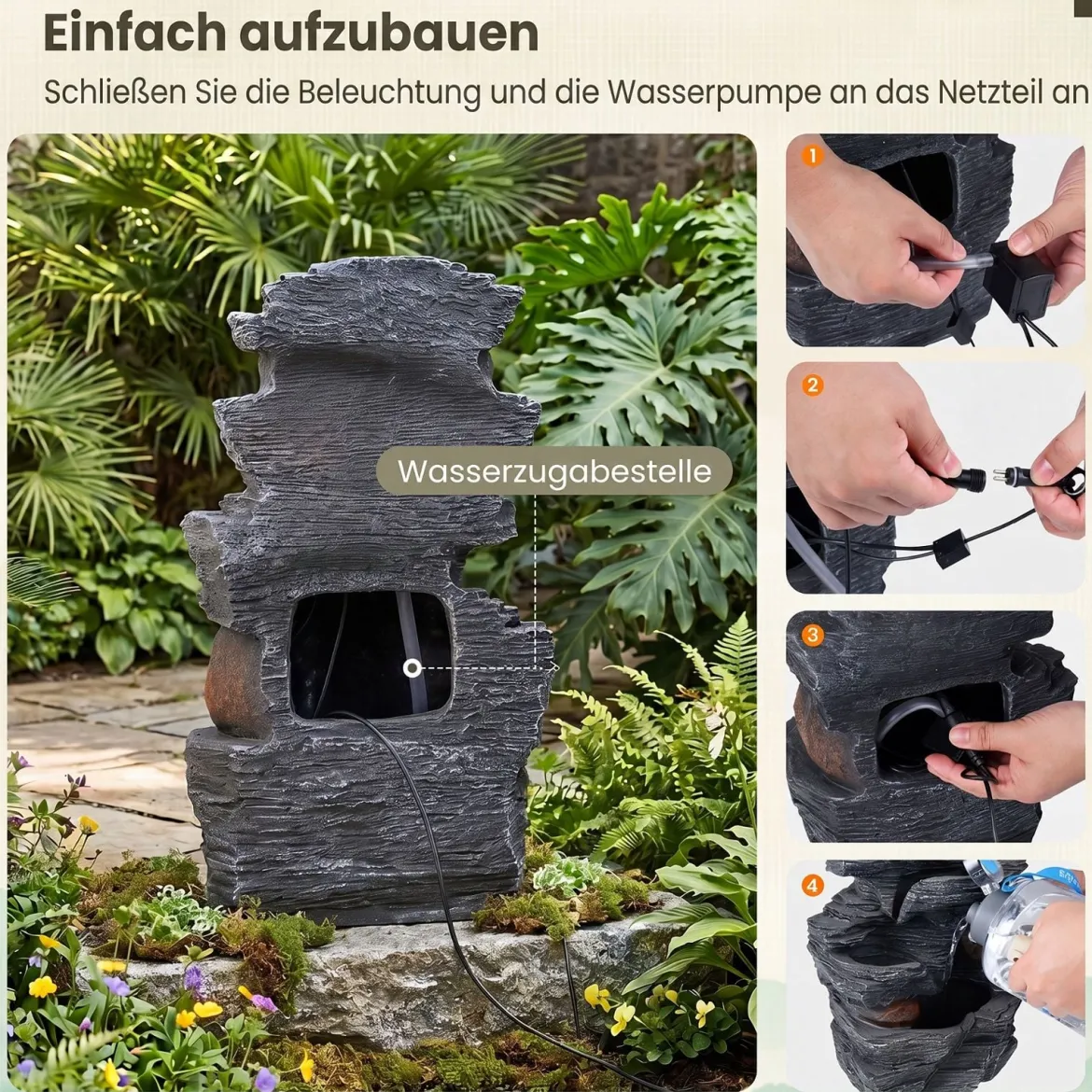 Gartenbrunnen mit LED-Beleuchtung 5-stufiger Springbrunnen aus Kunstharz 27 x 20,5 x 45,5 cm