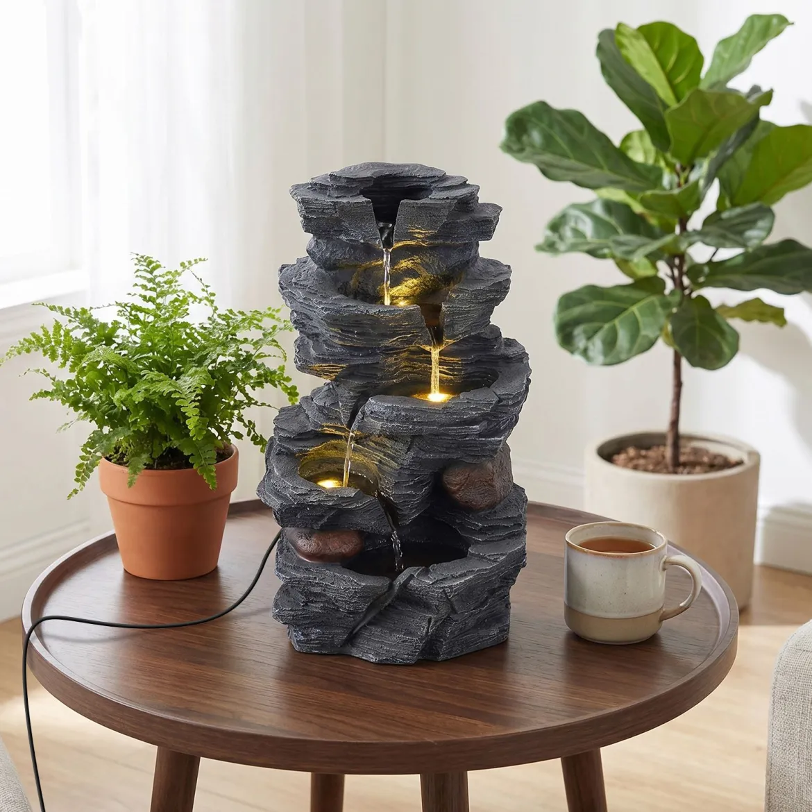 Gartenbrunnen mit LED-Beleuchtung 5-stufiger Springbrunnen aus Kunstharz 27 x 20,5 x 45,5 cm