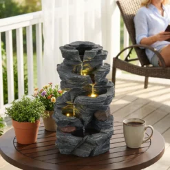 Gartenbrunnen mit LED-Beleuchtung 5-stufiger Springbrunnen aus Kunstharz 27 x 20,5 x 45,5 cm