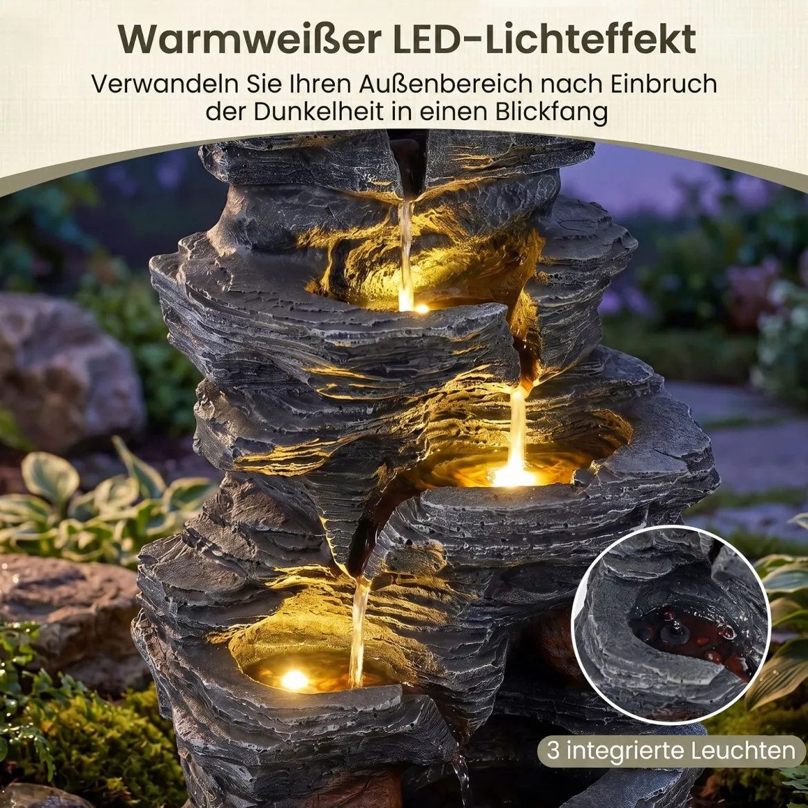 Gartenbrunnen mit LED-Beleuchtung 5-stufiger Springbrunnen aus Kunstharz 27 x 20,5 x 45,5 cm