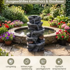 Gartenbrunnen mit LED-Beleuchtung 5-stufiger Springbrunnen aus Kunstharz 27 x 20,5 x 45,5 cm