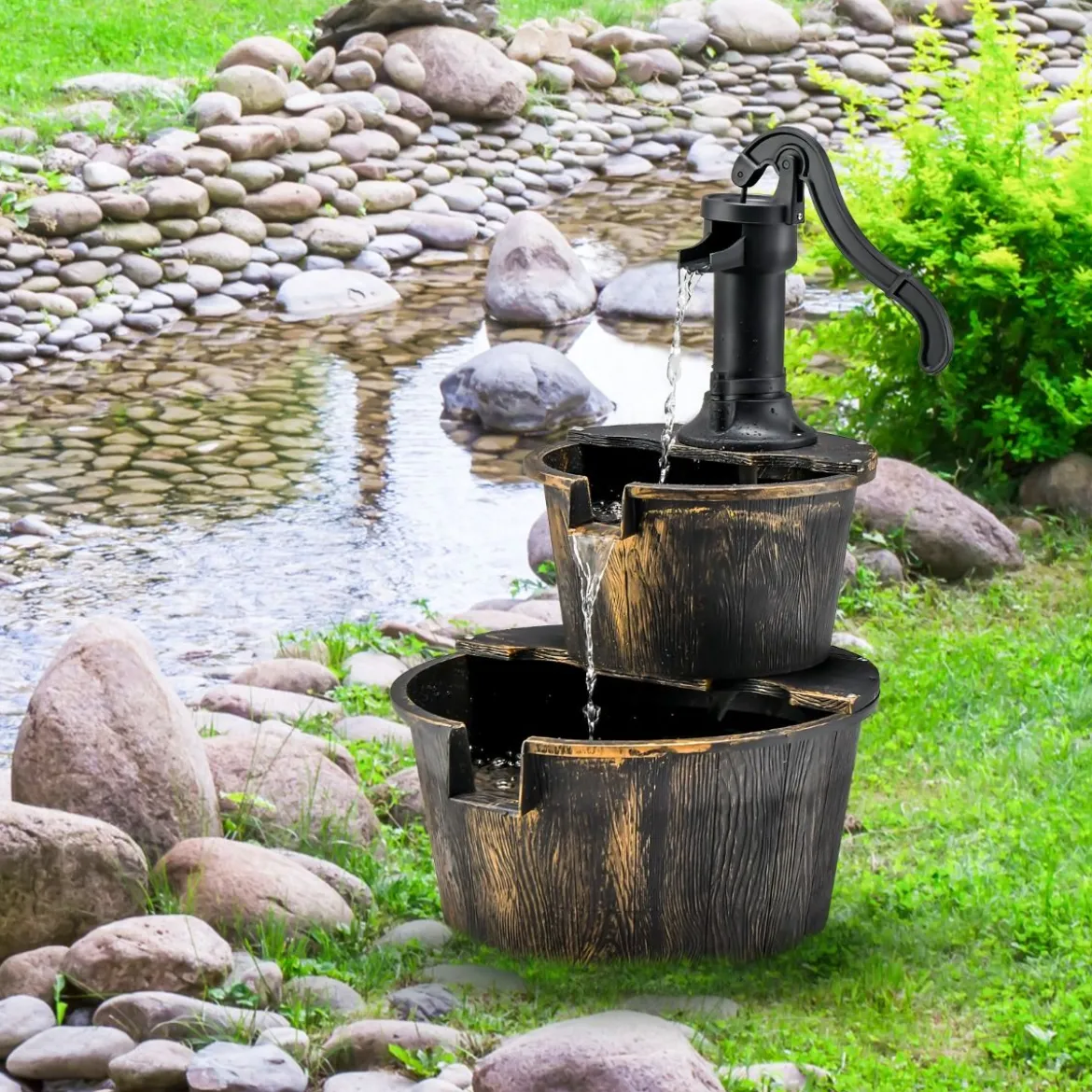 Gartenbrunnen mit Wasserpumpe Rustikaler Kaskadenwasserbrunnen 45,5 x 41 x 68 cm