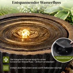 Gartenbrunnen Runder Springbrunnen mit LED Beleuchtung Kleiner Terrassenbrunnen