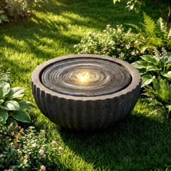 Gartenbrunnen Runder Springbrunnen mit LED Beleuchtung Kleiner Terrassenbrunnen
