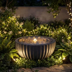 Gartenbrunnen Runder Springbrunnen mit LED Beleuchtung Kleiner Terrassenbrunnen