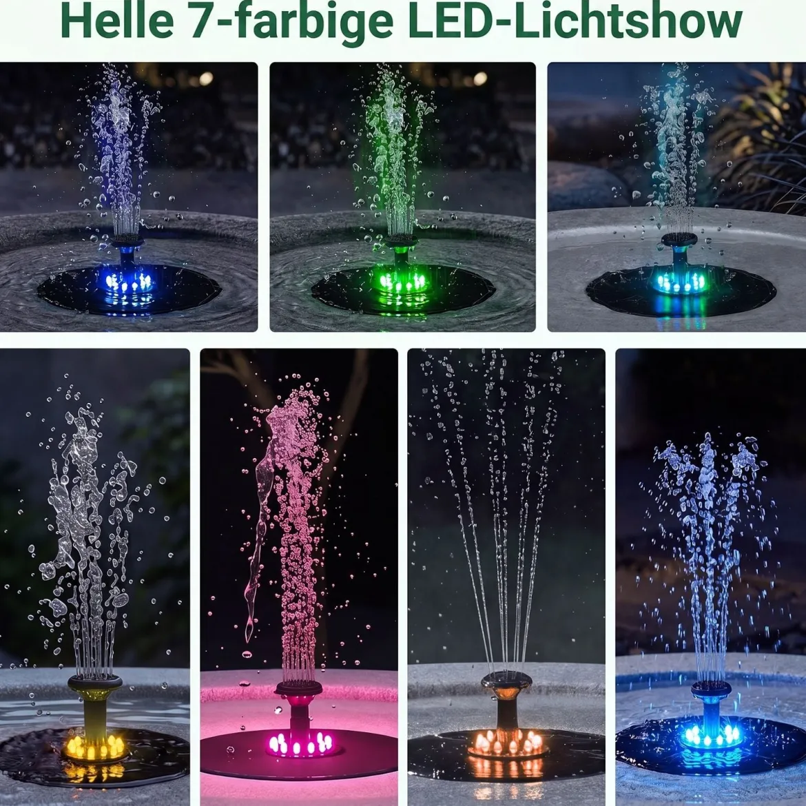 Gartenbrunnen Solarbetriebener Springbrunnen mit LED Beleuchtung und 3 Düsen Terrassenbrunnen