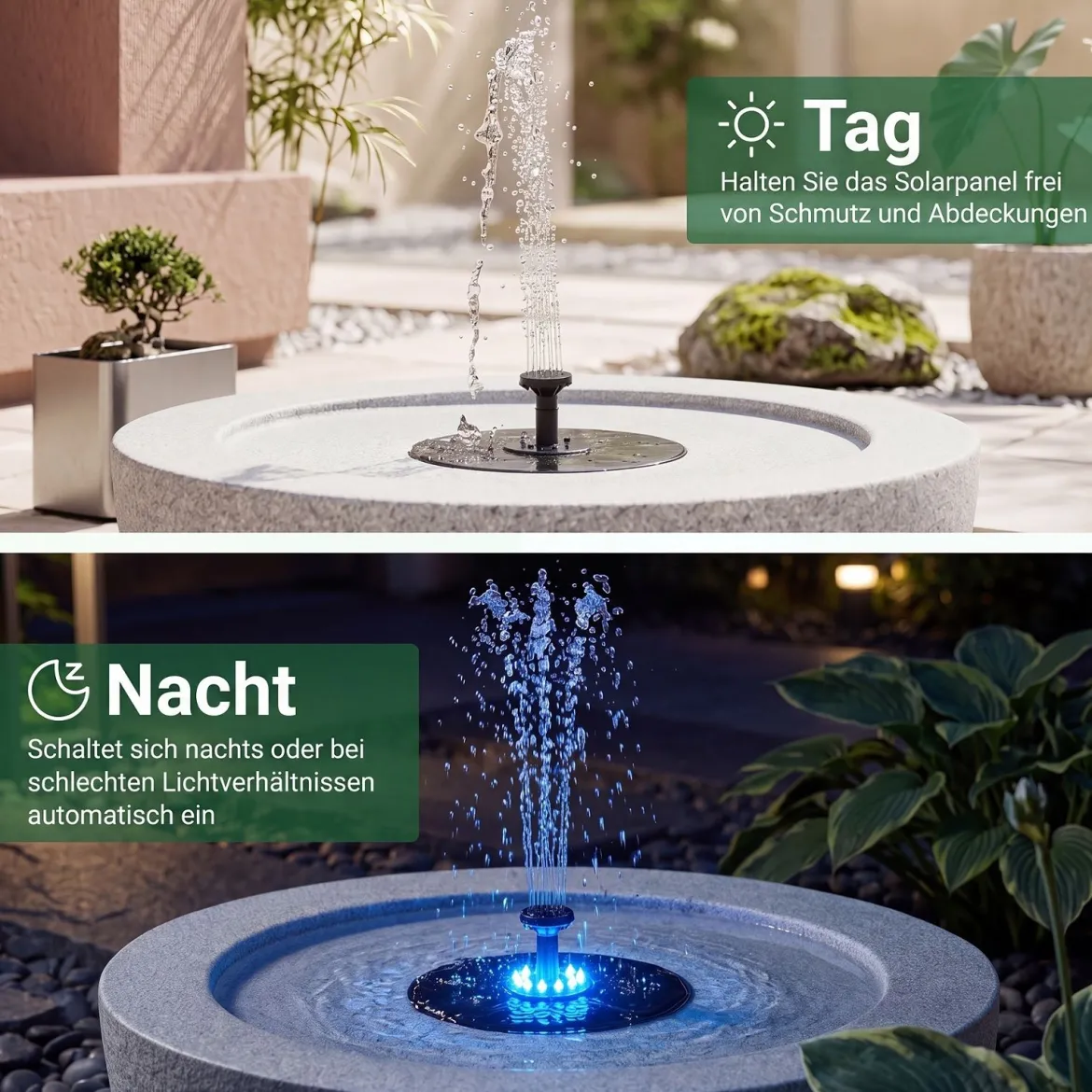 Gartenbrunnen Solarbetriebener Springbrunnen mit LED Beleuchtung und 3 Düsen Terrassenbrunnen