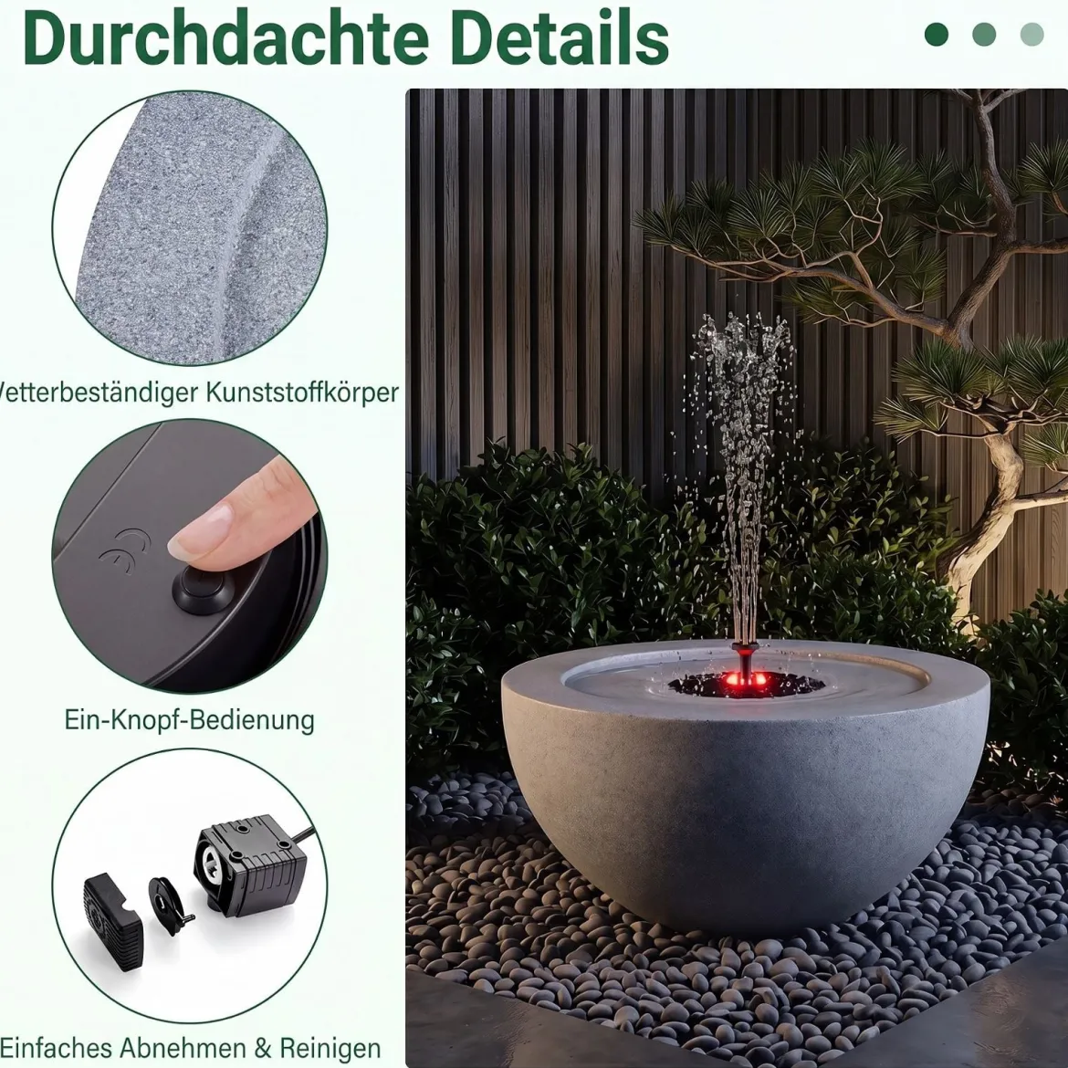 Gartenbrunnen Solarbetriebener Springbrunnen mit LED Beleuchtung und 3 Düsen Terrassenbrunnen