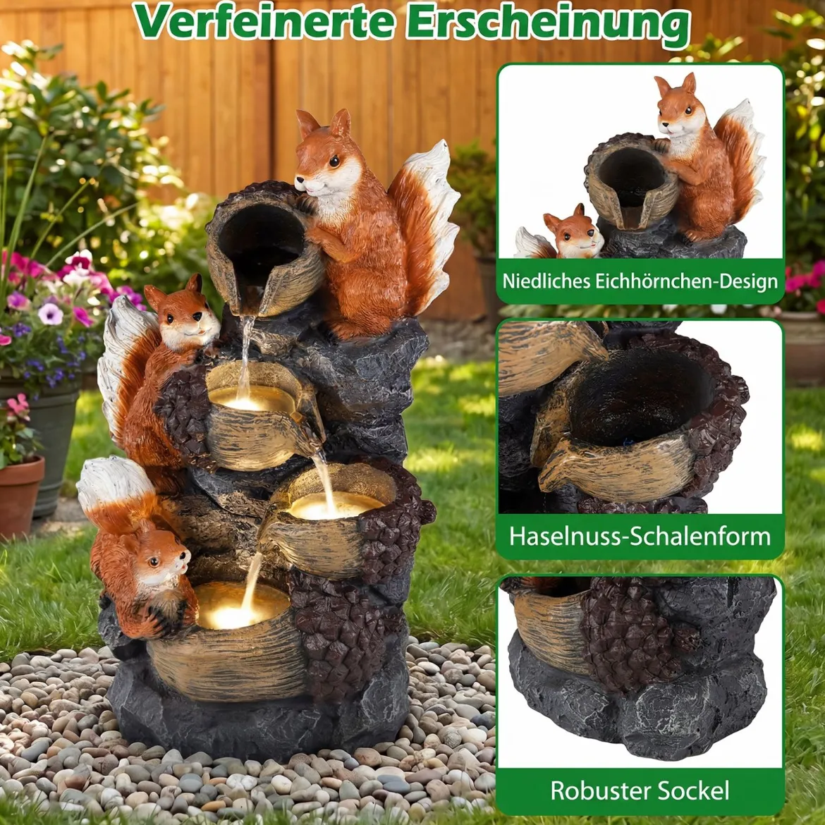 Gartenbrunnen 4-Stufiger Springbrunnen mit LED Beleuchtung und Steinoptik-Finish Terrassenbrunnen