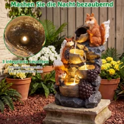 Gartenbrunnen 4-Stufiger Springbrunnen mit LED Beleuchtung und Steinoptik-Finish Terrassenbrunnen