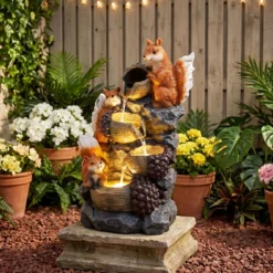 Gartenbrunnen 4-Stufiger Springbrunnen mit LED Beleuchtung und Steinoptik-Finish Terrassenbrunnen