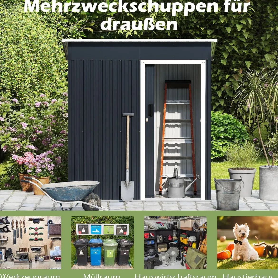Gartenhaus Metall 163 x 86 cm Geräteschuppen Wetterfest mit abschließbarer Schiebetür & Satteldach