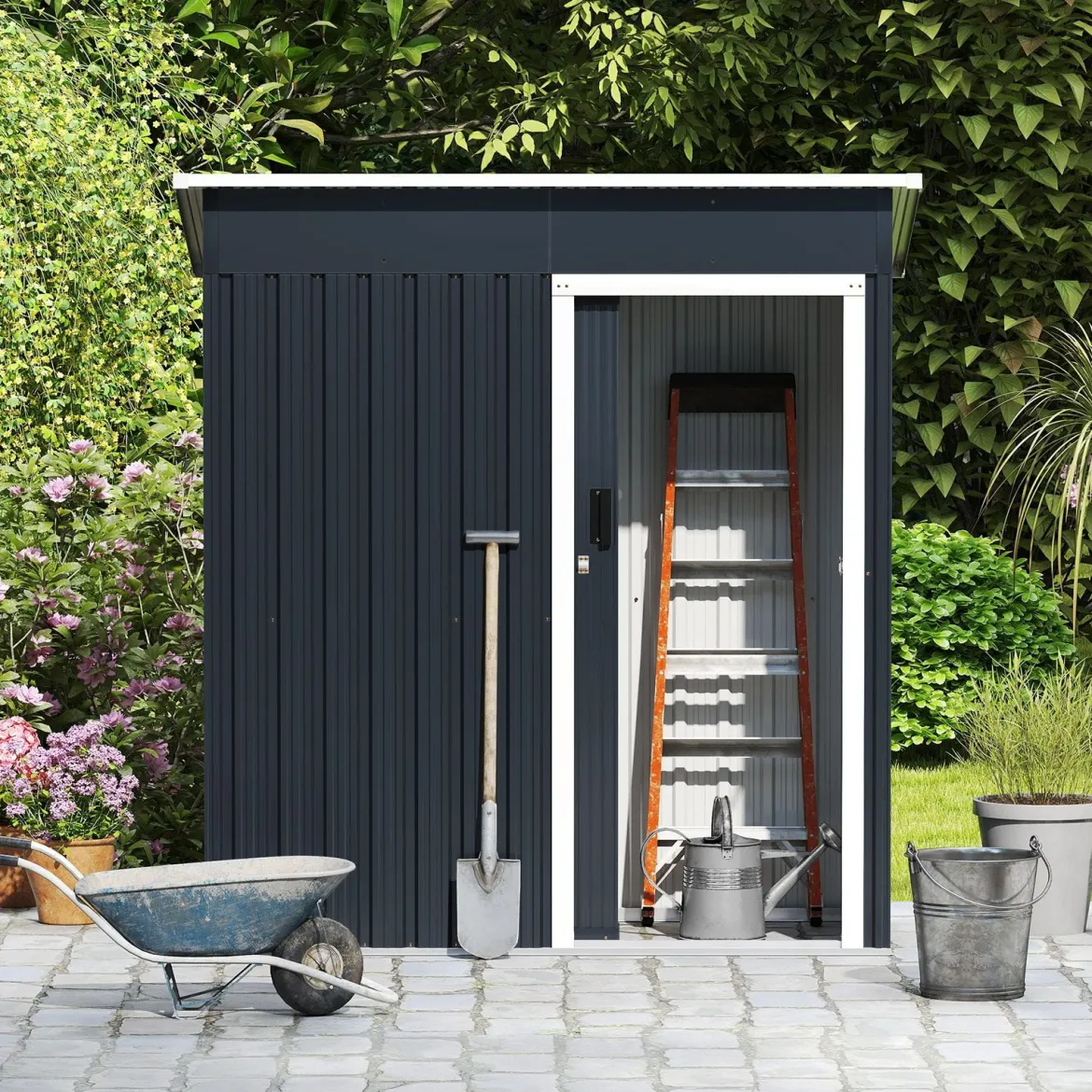 Gartenhaus Metall 163 x 86 cm Geräteschuppen Wetterfest mit abschließbarer Schiebetür & Satteldach