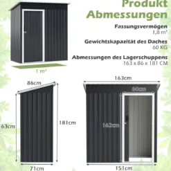 Gartenhaus Metall 163 x 86 cm Geräteschuppen Wetterfest mit abschließbarer Schiebetür & Satteldach