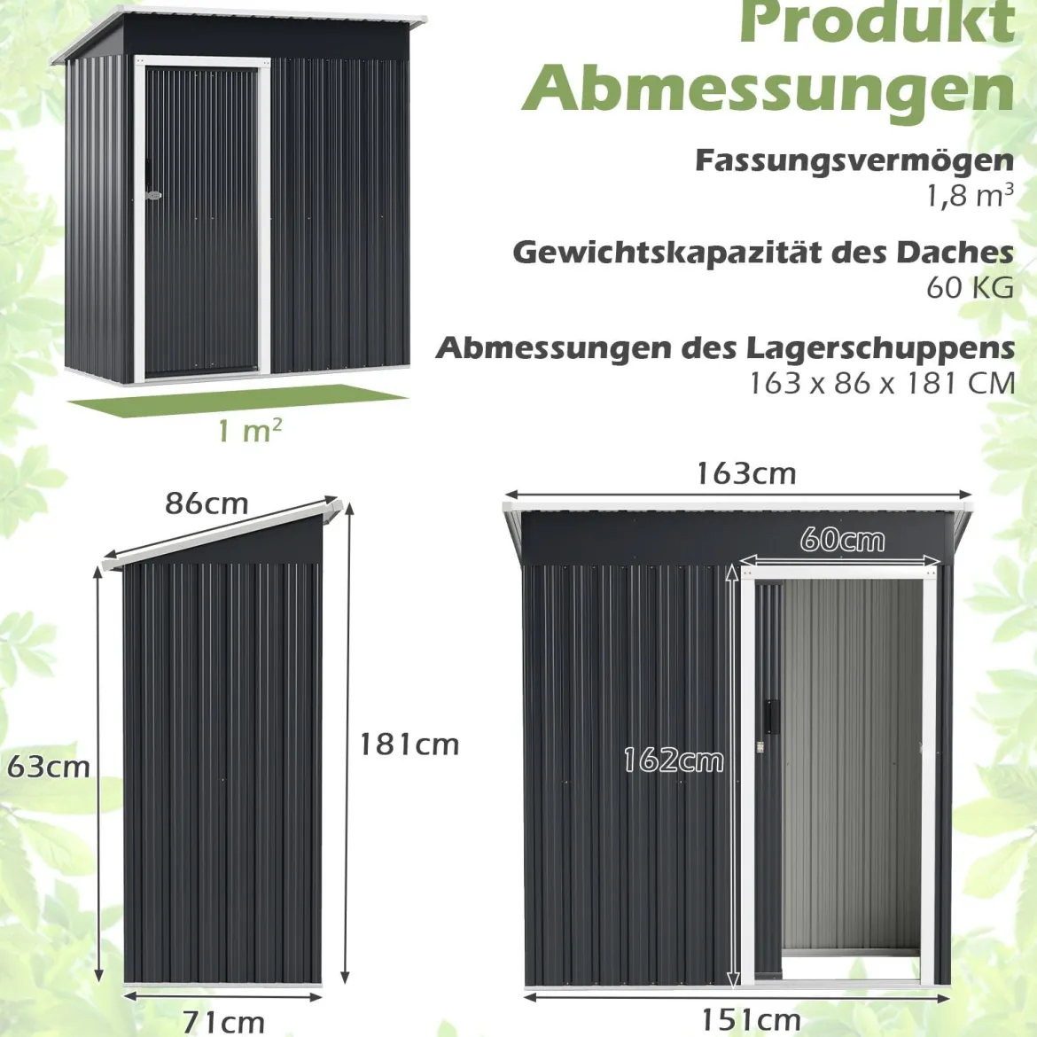 Gartenhaus Metall 163 x 86 cm Geräteschuppen Wetterfest mit abschließbarer Schiebetür & Satteldach