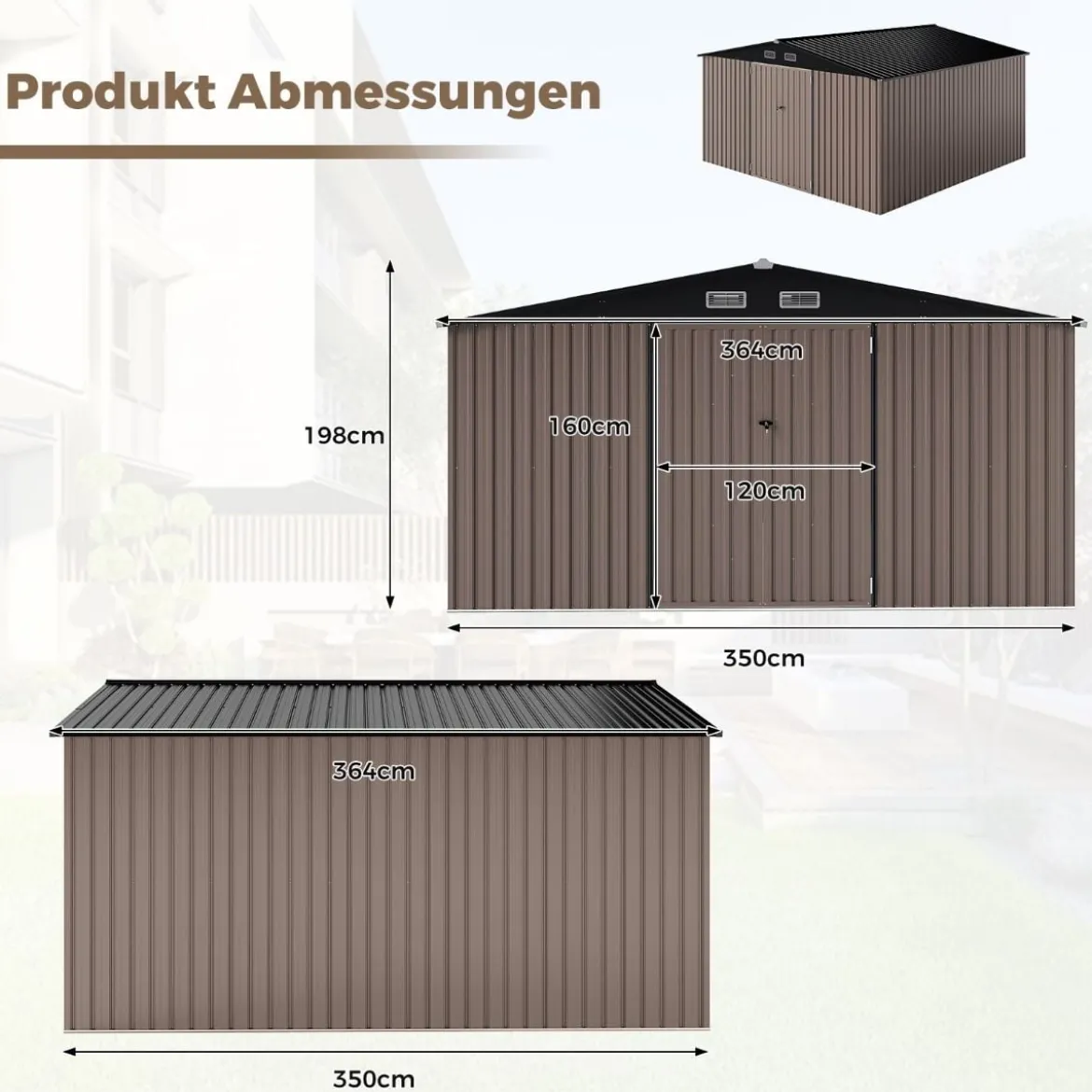 Gartenhaus Metall 350 x 350 x 198 cm Gerätehaus mit Schrägdach & 4 Belüftungsöffnungen Grau