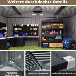 Gartenhaus Metall 350 x 350 x 198 cm Gerätehaus mit Schrägdach & 4 Belüftungsöffnungen Grau