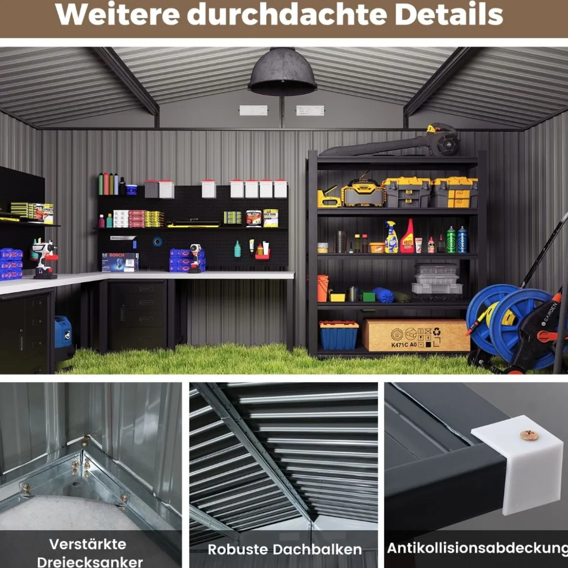 Gartenhaus Metall 350 x 350 x 198 cm Gerätehaus mit Schrägdach & 4 Belüftungsöffnungen Grau