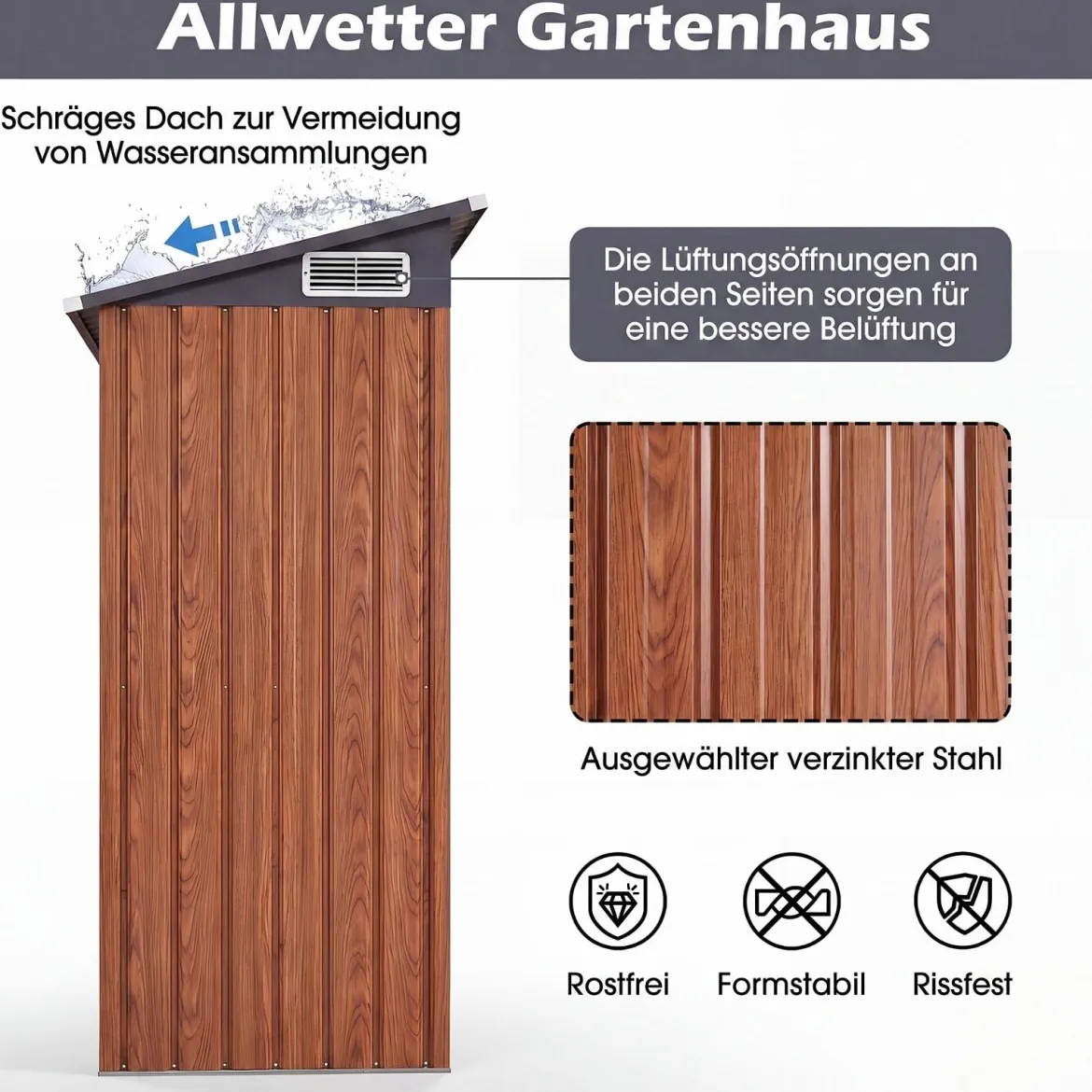 Gartenhaus Metall 150 x 90,5 x 185 cm 1,5 m³ Gerätehaus mit Pultdach Braun/Grün/Hellgrau/Dunkelgrau