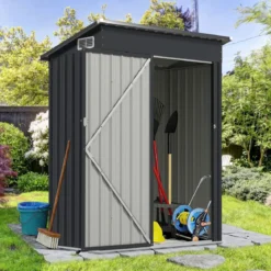Gartenhaus Metall 150 x 90,5 x 185 cm 1,5 m³ Gerätehaus mit Pultdach Braun/Grün/Hellgrau/Dunkelgrau