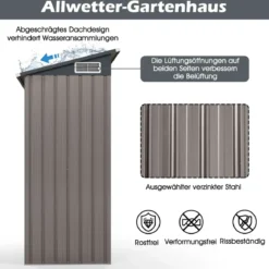 Gartenhaus Metall 150 x 90,5 x 185 cm 1,5 m³ Gerätehaus mit Pultdach Braun/Grün/Hellgrau/Dunkelgrau