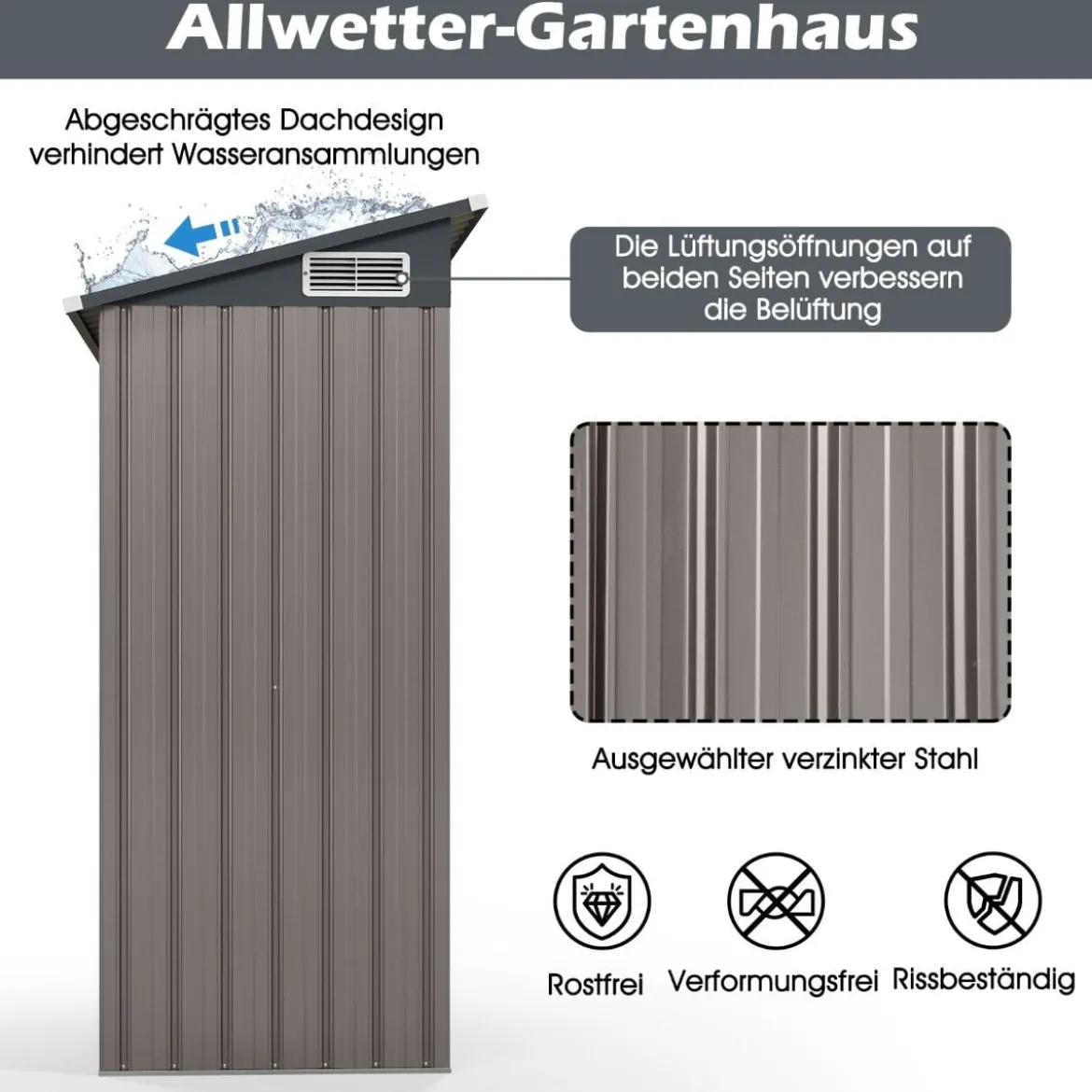 Gartenhaus Metall 150 x 90,5 x 185 cm 1,5 m³ Gerätehaus mit Pultdach Braun/Grün/Hellgrau/Dunkelgrau
