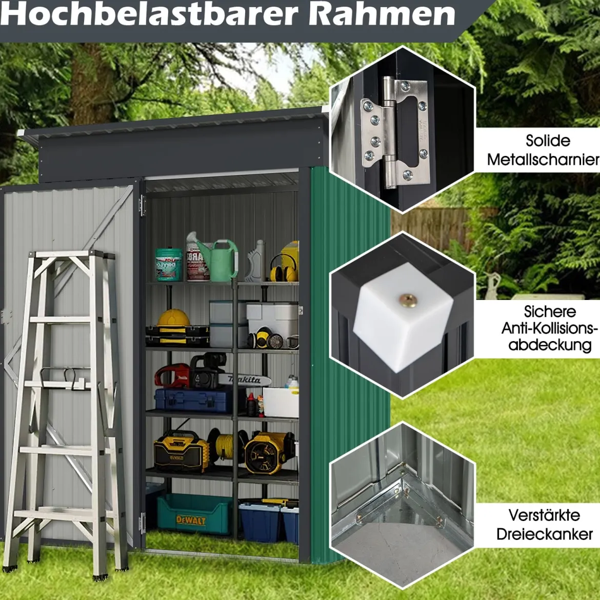 Gartenhaus Metall 150 x 90,5 x 185 cm 1,5 m³ Gerätehaus mit Pultdach Braun/Grün/Hellgrau/Dunkelgrau