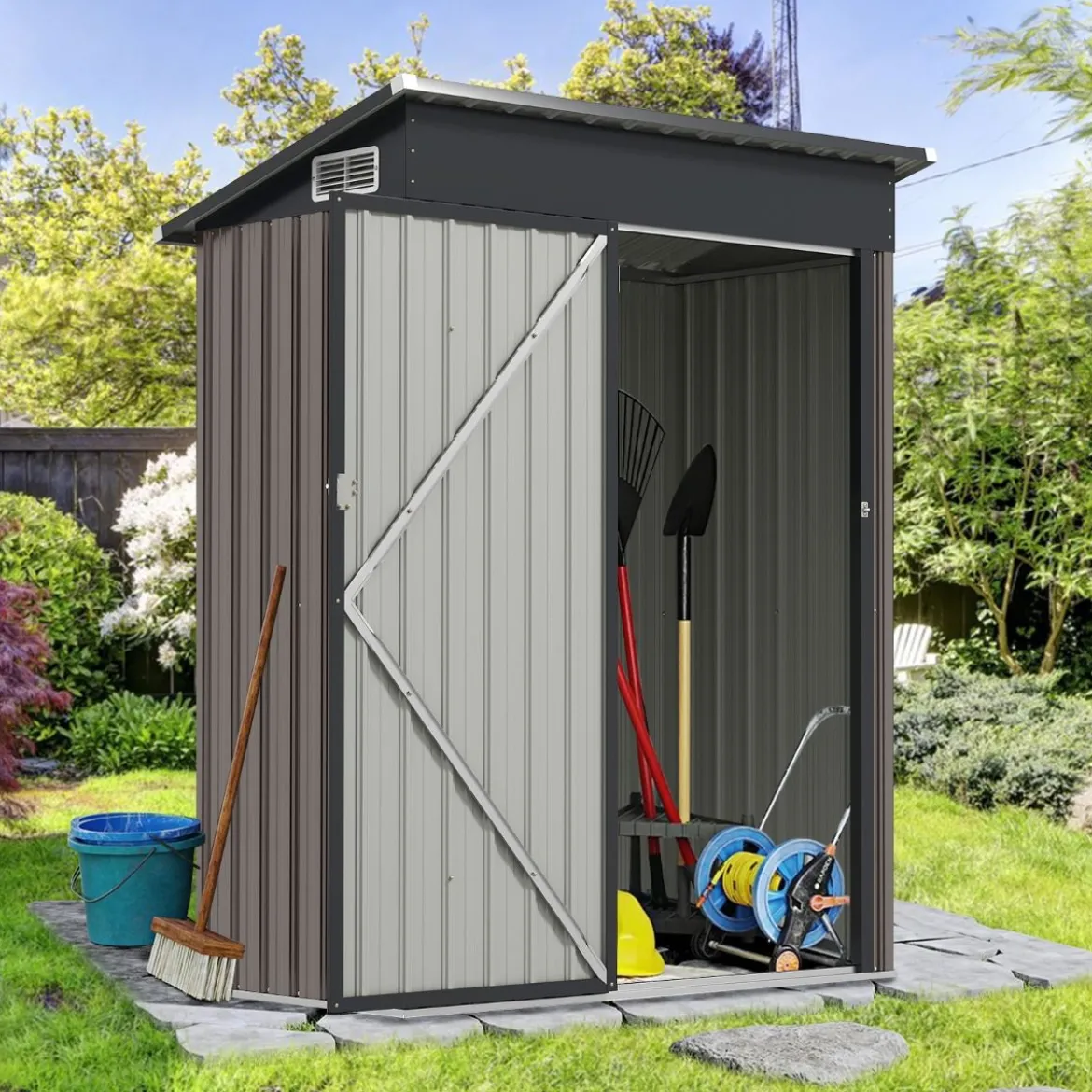 Gartenhaus Metall 150 x 90,5 x 185 cm 1,5 m³ Gerätehaus mit Pultdach Braun/Grün/Hellgrau/Dunkelgrau