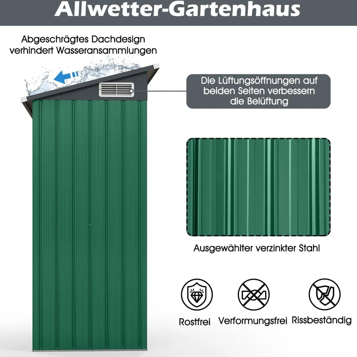 Gartenhaus Metall 150 x 90,5 x 185 cm 1,5 m³ Gerätehaus mit Pultdach Braun/Grün/Hellgrau/Dunkelgrau