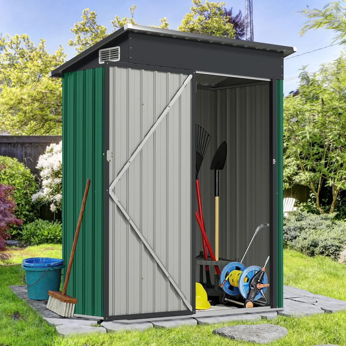 Gartenhaus Metall 150 x 90,5 x 185 cm 1,5 m³ Gerätehaus mit Pultdach Braun/Grün/Hellgrau/Dunkelgrau