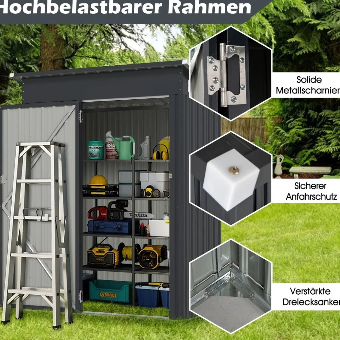 Gartenhaus Metall 150 x 90,5 x 185 cm 1,5 m³ Gerätehaus mit Pultdach Braun/Grün/Hellgrau/Dunkelgrau
