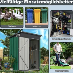 Gartenhaus Metall 150 x 90,5 x 185 cm 1,5 m³ Gerätehaus mit Pultdach Braun/Grün/Hellgrau/Dunkelgrau