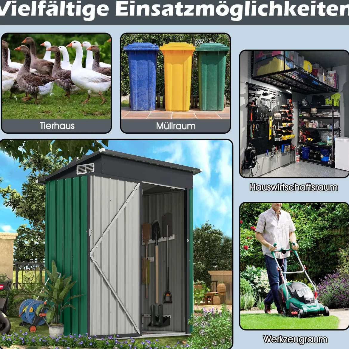 Gartenhaus Metall 150 x 90,5 x 185 cm 1,5 m³ Gerätehaus mit Pultdach Braun/Grün/Hellgrau/Dunkelgrau
