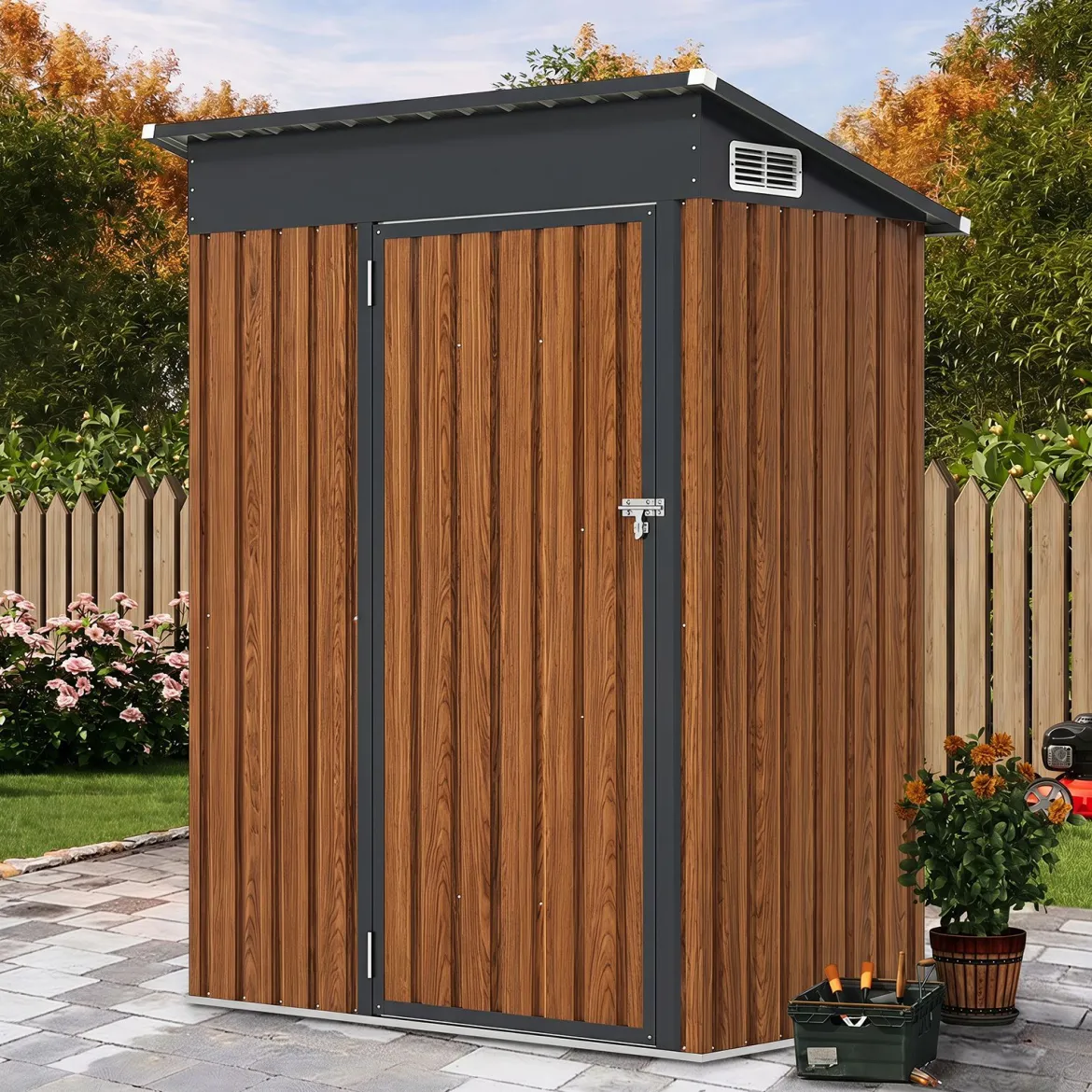 Gartenhaus Metall 150 x 90,5 x 185 cm 1,5 m³ Gerätehaus mit Pultdach Braun/Grün/Hellgrau/Dunkelgrau
