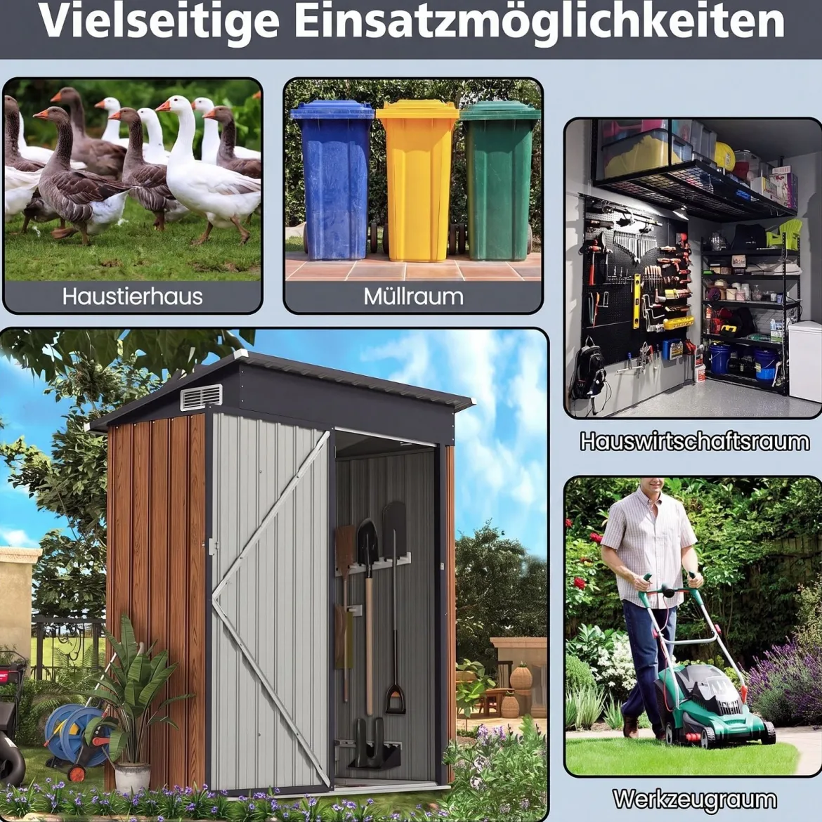 Gartenhaus Metall 150 x 90,5 x 185 cm 1,5 m³ Gerätehaus mit Pultdach Braun/Grün/Hellgrau/Dunkelgrau