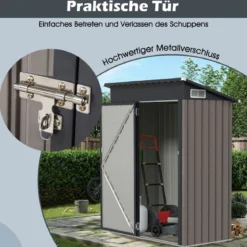 Gartenhaus Metall 150 x 90,5 x 185 cm 1,5 m³ Gerätehaus mit Pultdach Braun/Grün/Hellgrau/Dunkelgrau