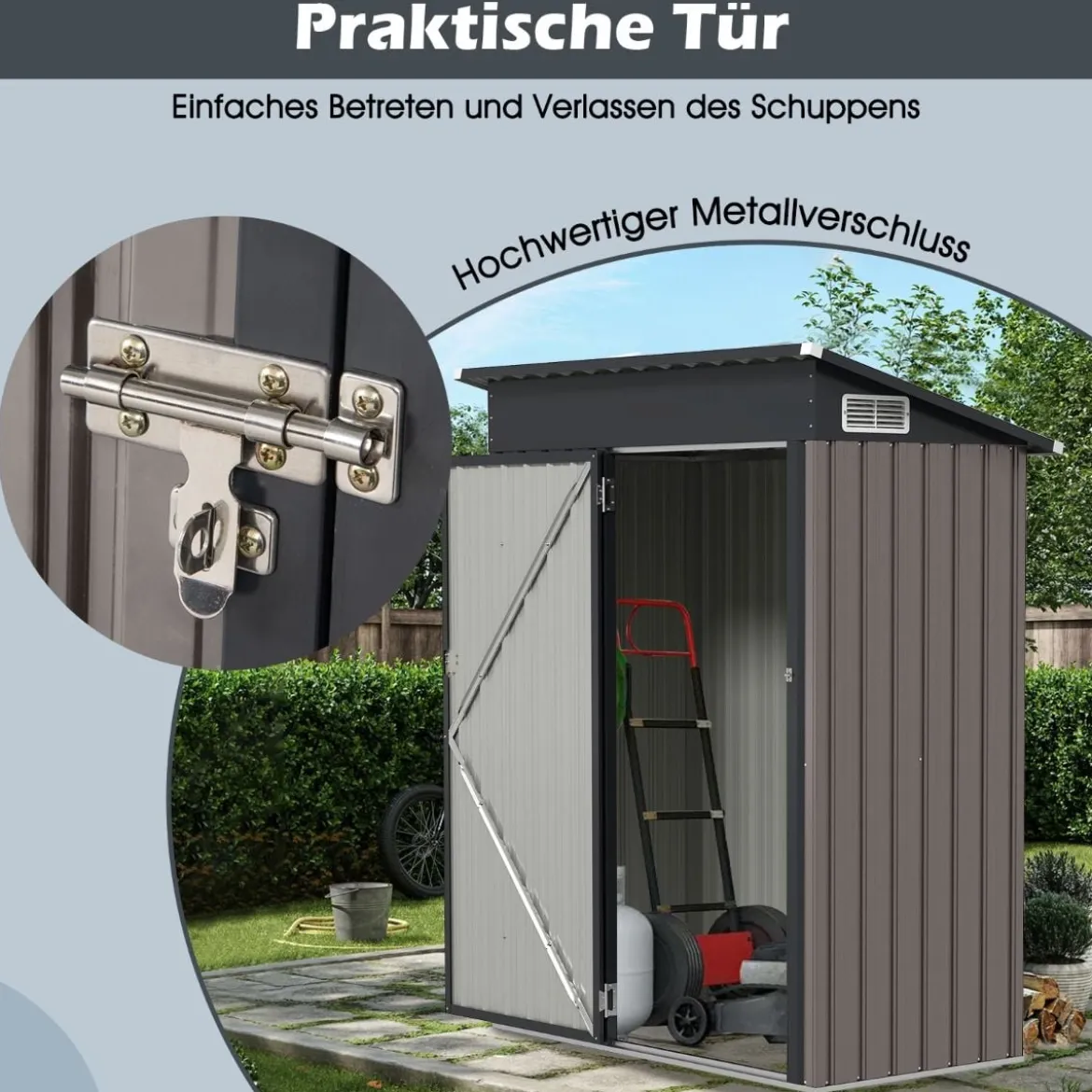 Gartenhaus Metall 150 x 90,5 x 185 cm 1,5 m³ Gerätehaus mit Pultdach Braun/Grün/Hellgrau/Dunkelgrau